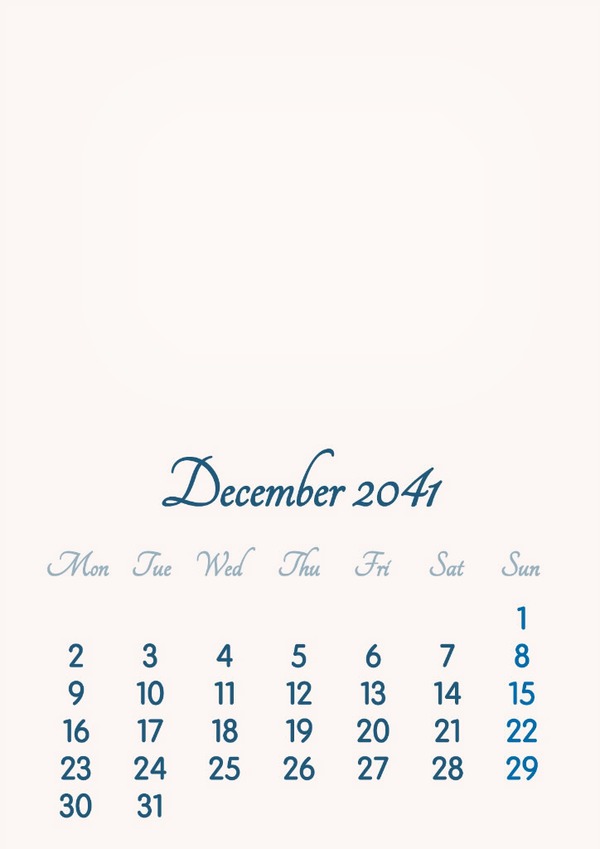 December 2041 // 2019 to 2046 // VIP Calendar // Basic Color // English Fotomontāža