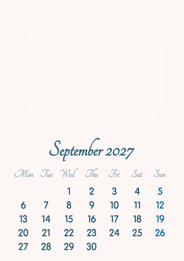September 2027 // 2019 to 2046 // VIP Calendar // Basic Color // English Photomontage