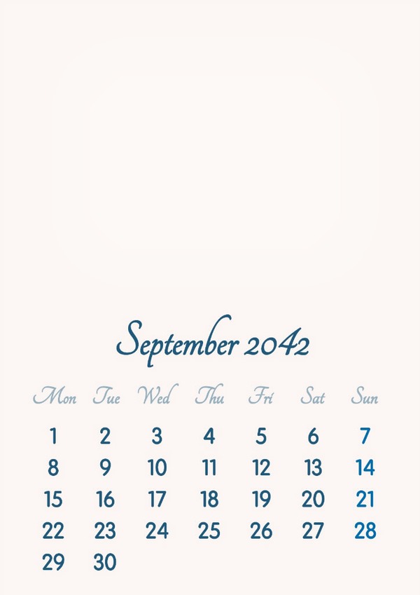 September 2042 // 2019 to 2046 // VIP Calendar // Basic Color // English Photo frame effect