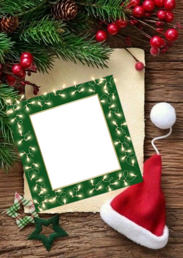 marco navideño, gorro Noel y luces. Photo frame effect