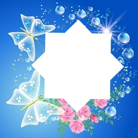 marco azul, burbujas y mariposas. Fotomontaż
