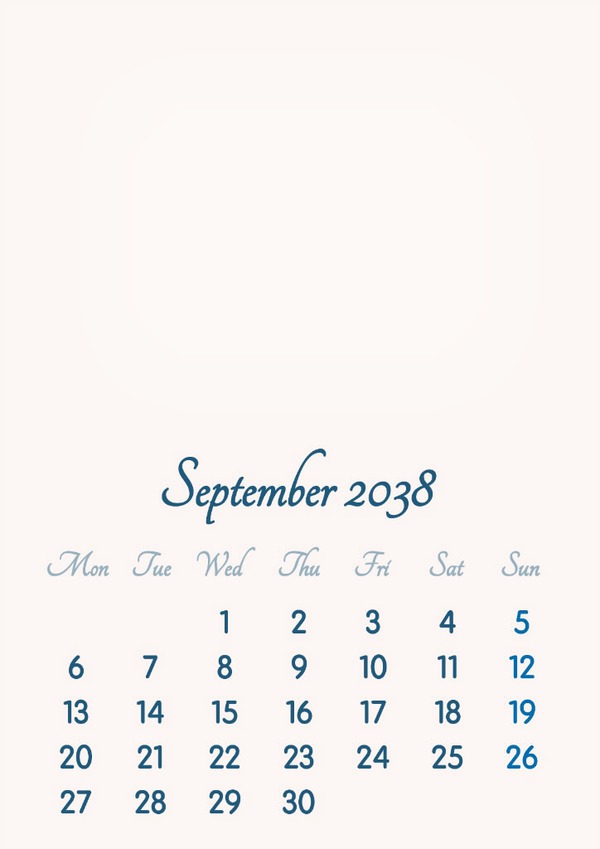September 2038 // 2019 to 2046 // VIP Calendar // Basic Color // English Photo frame effect