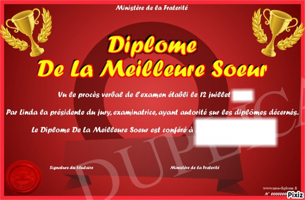 Diplome de la meillleurs Soeur Montage photo