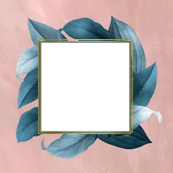 marco dorado, sobre hojas azules, fondo palo rosa, una foto. Fotomontaż