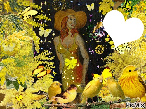 La femme chapeau peint Gino GIBILARO avec coeur et déco picmix(mimosas,oiseaux,papillons et feux artifices) Fotómontázs