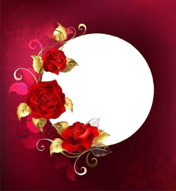 marco circular y rosas rojas, fondo guinda. Fotomontaža