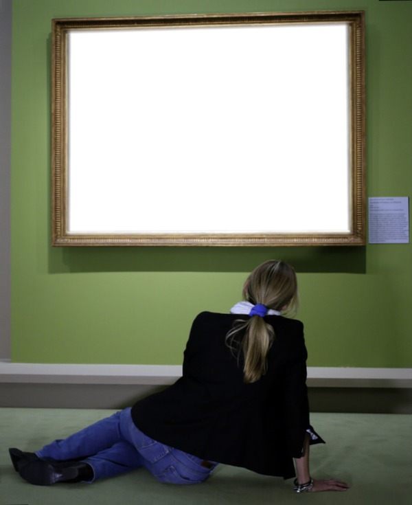 Woman sits on floor contemplating art Montaje fotografico