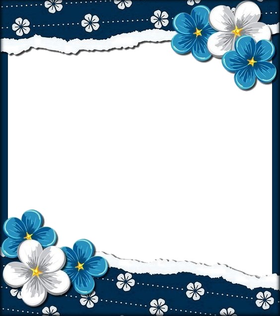 marco y flores azules y blancas. Fotomontáž