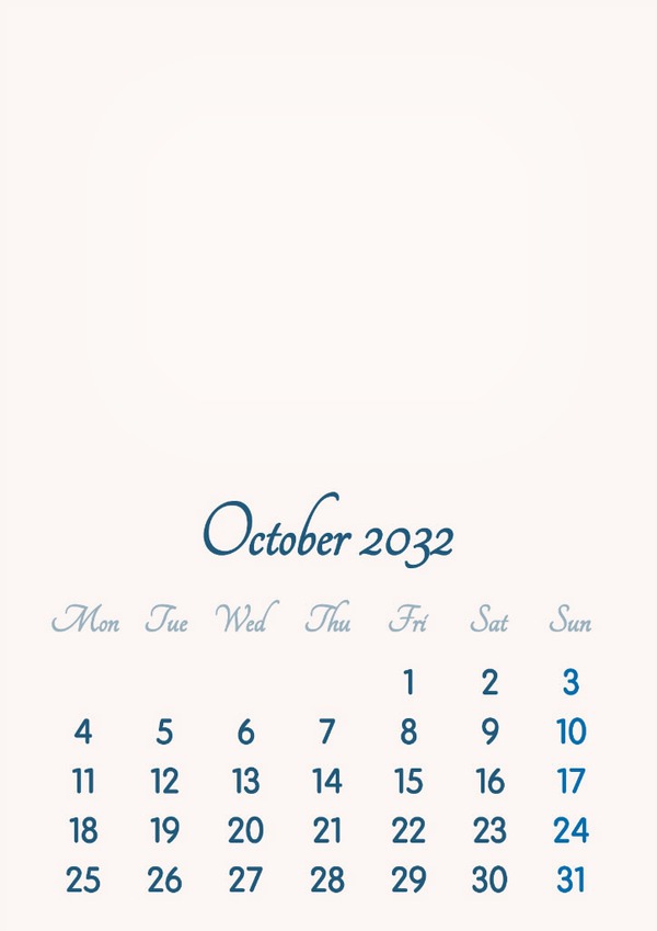 October 2032 // 2019 to 2046 // VIP Calendar // Basic Color // English Photo frame effect
