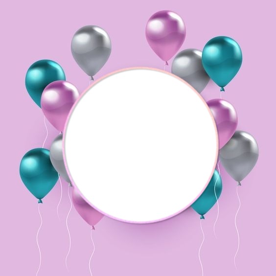 marco cumpleaños, globos perlados, fondo lila. Photo frame effect