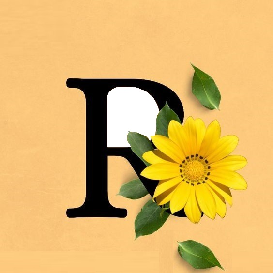 letra R y flor amarilla. フォトモンタージュ