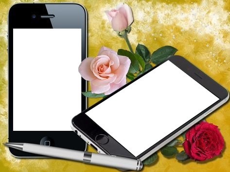 celulares, rosas y bolígrafo. Photo frame effect