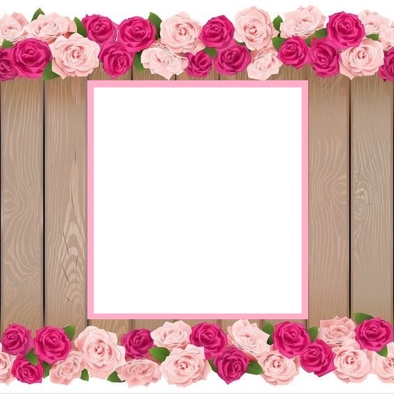 marco y rosas rosadas, fondo madera. Fotomontaža
