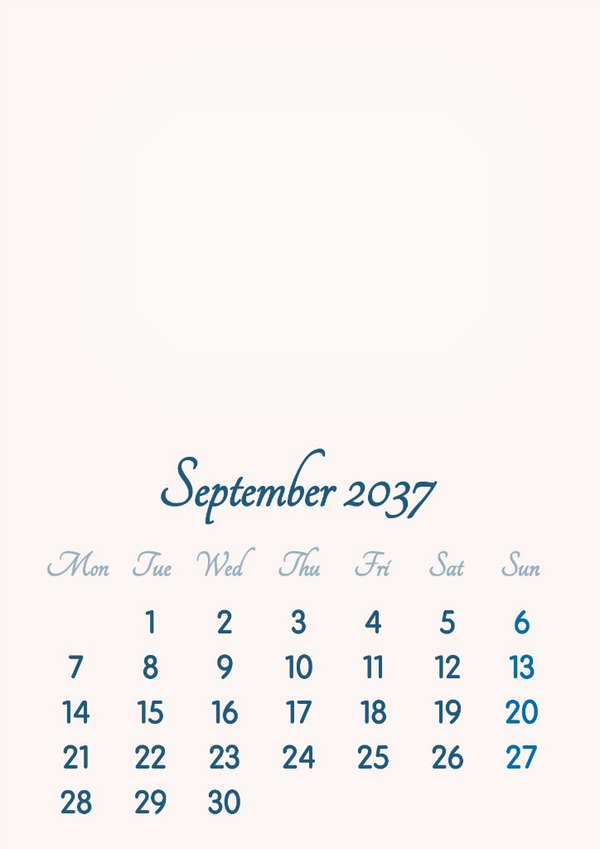 September 2037 // 2019 to 2046 // VIP Calendar // Basic Color // English Photo frame effect