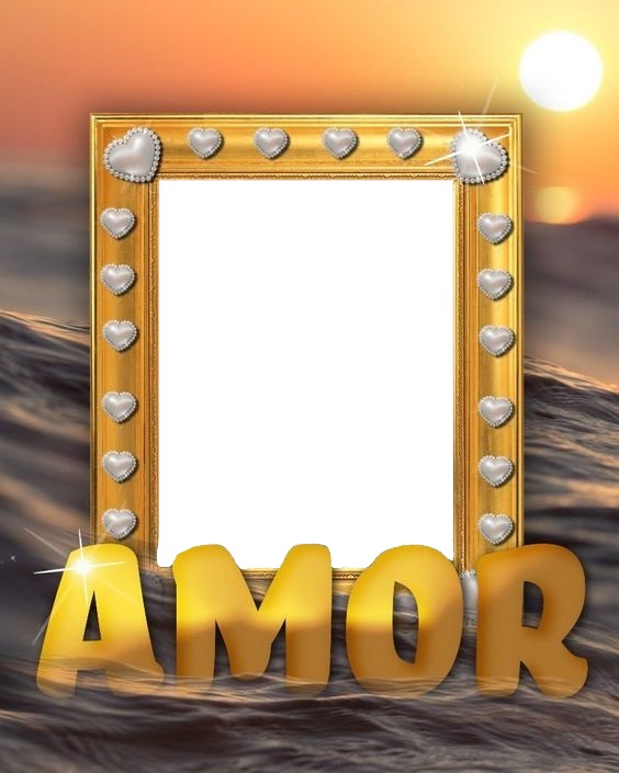 marco dorado y letra Amor, sobre agua. Photomontage