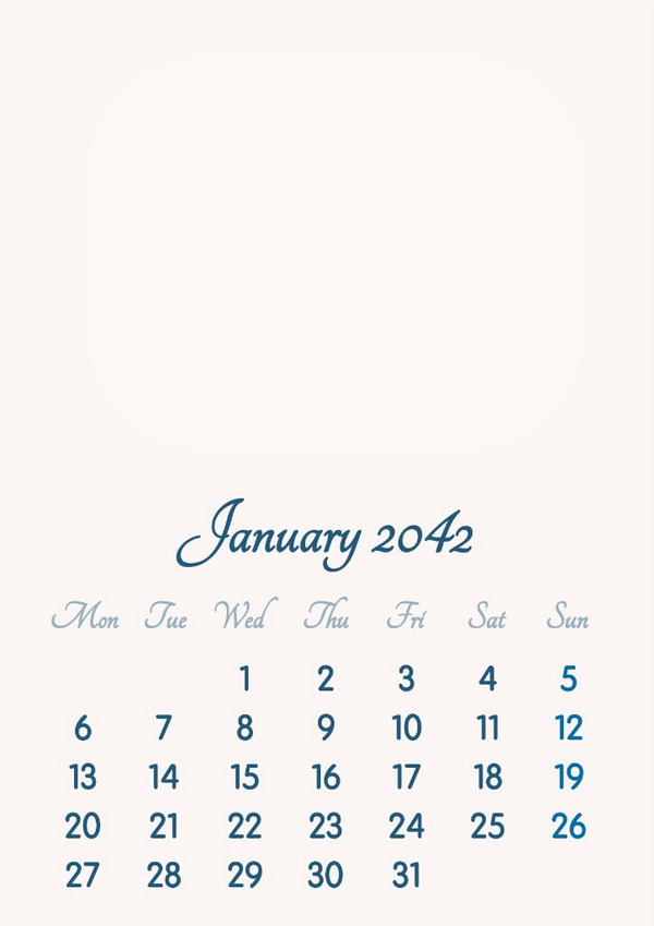 January 2042 // 2019 to 2046 // VIP Calendar // Basic Color // English Fotomontaggio