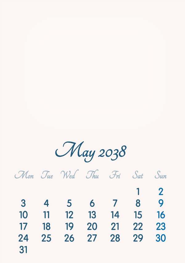 May 2038 // 2019 to 2046 // VIP Calendar // Basic Color // English Fotomontasje