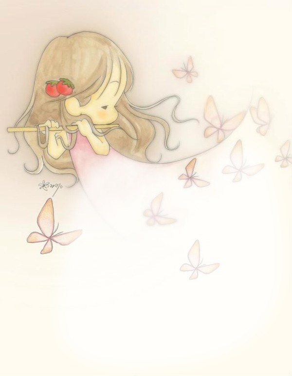 niña con flauta y mariposas Φωτομοντάζ