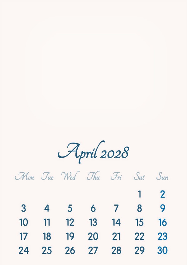 April 2028 // 2019 to 2046 // VIP Calendar // Basic Color // English Photomontage