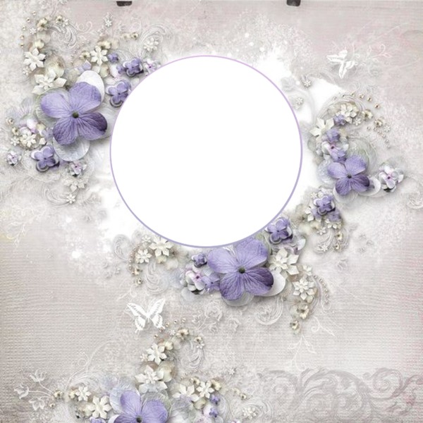 marco circular y florecillas lila. Fotomontaż
