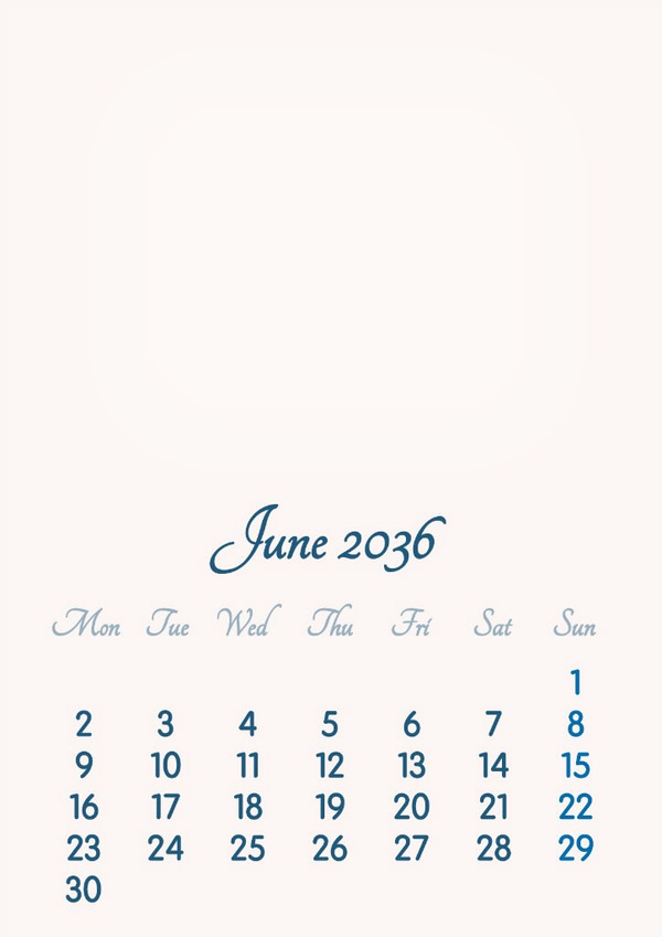 June 2036 // 2019 to 2046 // VIP Calendar // Basic Color // English Montaje fotografico