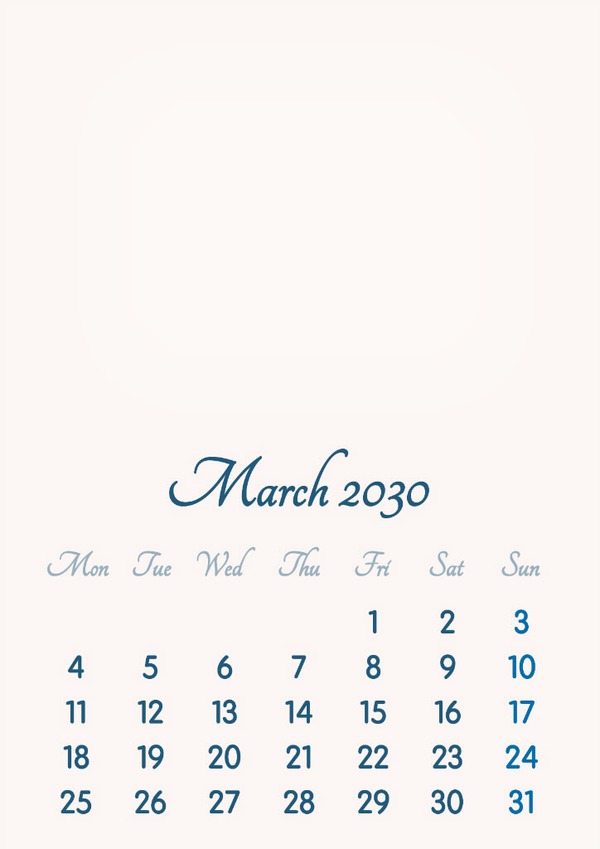 March 2030 // 2019 to 2046 // VIP Calendar // Basic Color // English Photomontage