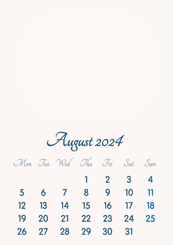 August 2024 // 2019 to 2046 // VIP Calendar // Basic Color // English Fotomontage