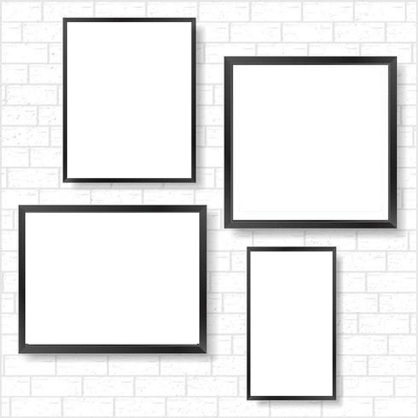 cuadros en pared de ladrillos blanco, 4 fotos. Montaje fotografico