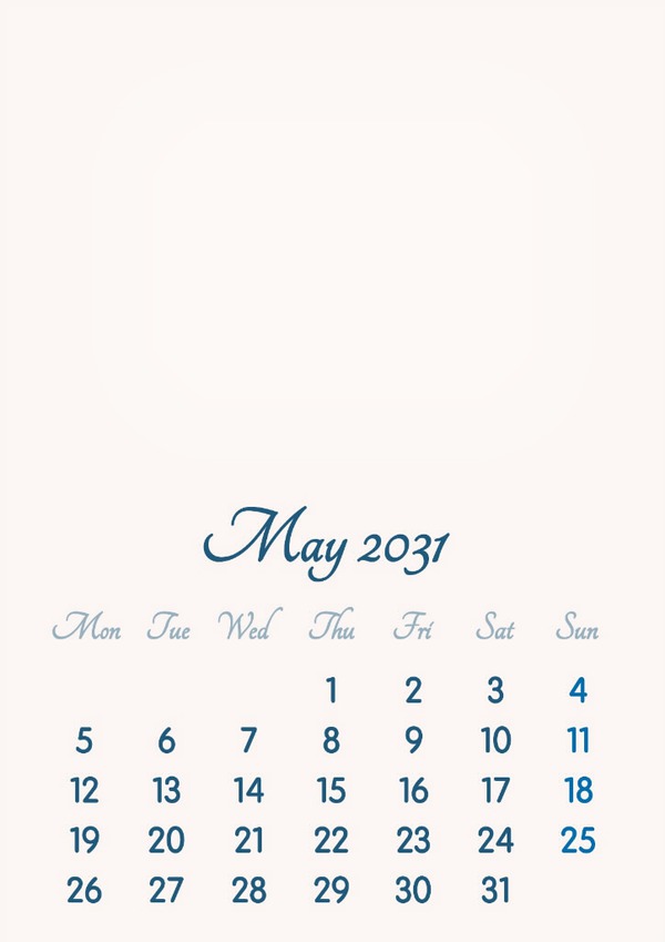 May 2031 // 2019 to 2046 // VIP Calendar // Basic Color // English Fotomontáž