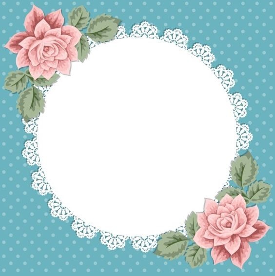 marco circular, rosas rosadas en fondo celeste. Fotomontage