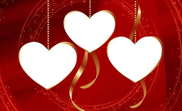 Tres corazones, dorados, fondo rojo Photo frame effect
