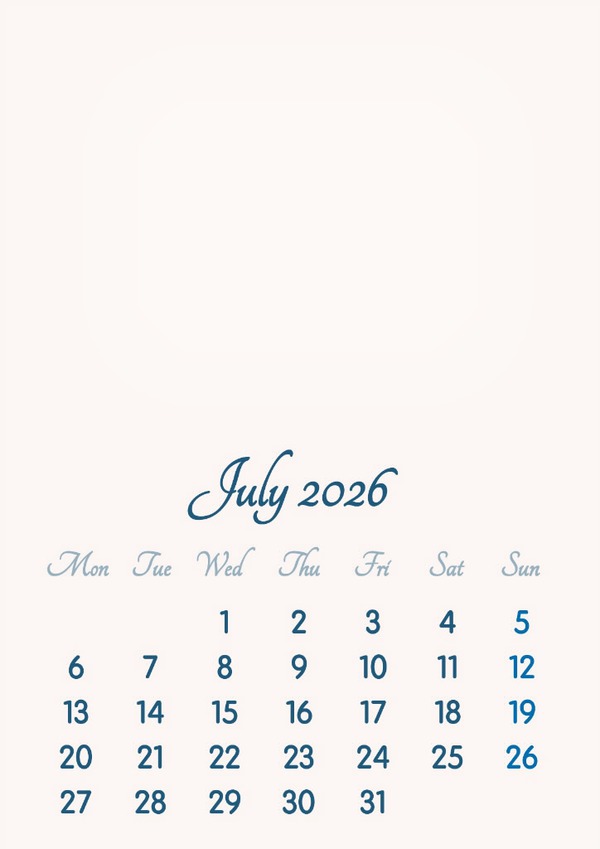 July 2026 // 2019 to 2046 // VIP Calendar // Basic Color // English Fotomontage