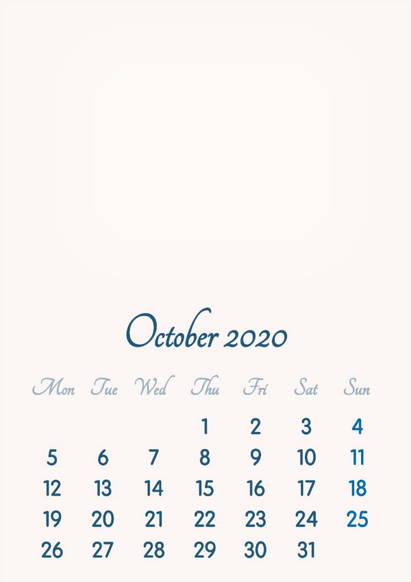 October 2020 // 2019 to 2046 // VIP Calendar // Basic Color // English Fotomontage