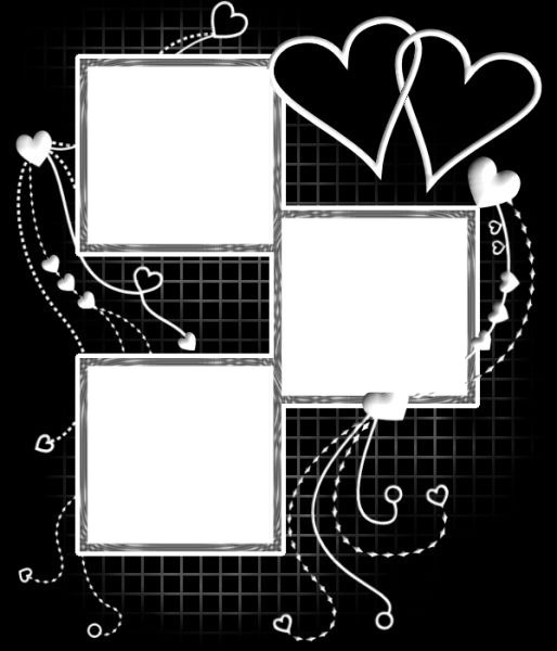 marco y corazones, fondo negro, 3 fotos. Valokuvamontaasi