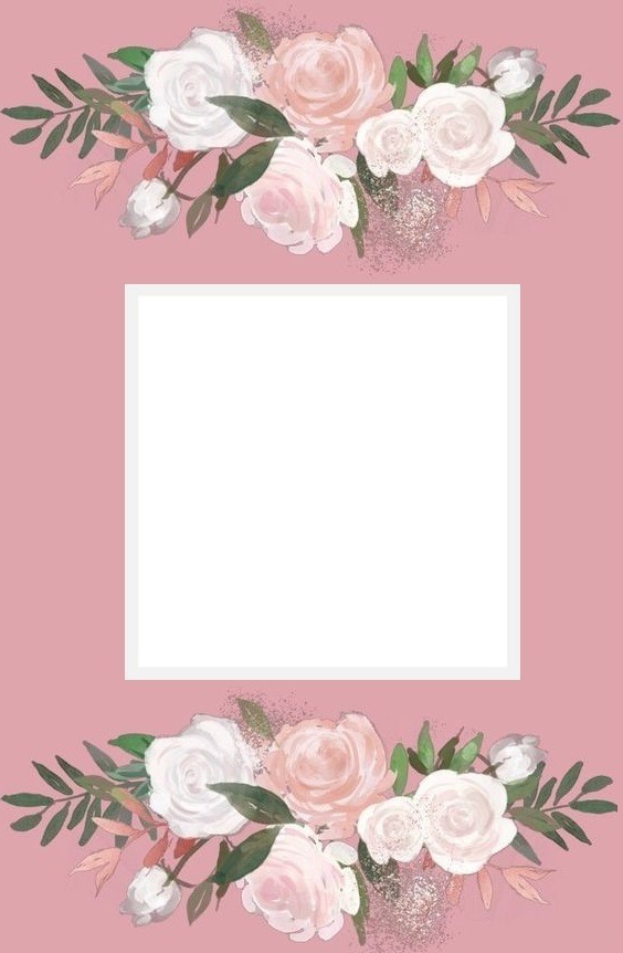 marco y rosas blancas, fondo palo rosa. Fotomontagem