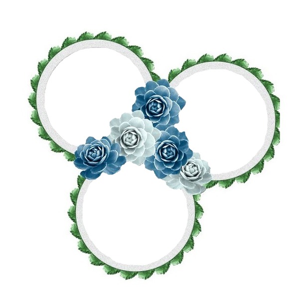 3 círculos unidos con flores azules. Fotomontáž