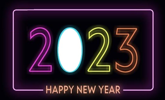 Happy New Year 2023, neón. Photo frame effect