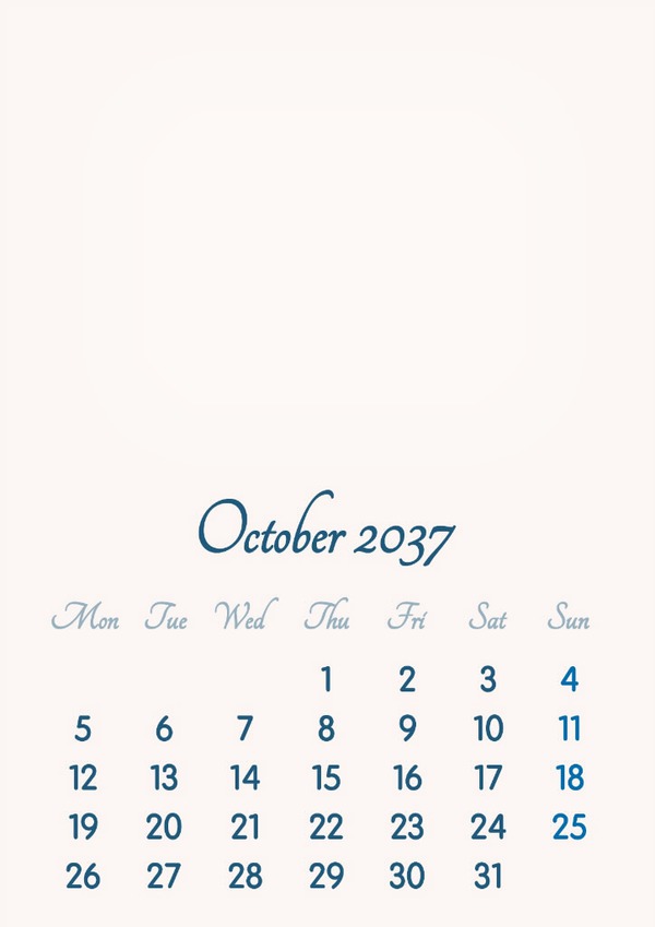 October 2037 // 2019 to 2046 // VIP Calendar // Basic Color // English Fotoğraf editörü