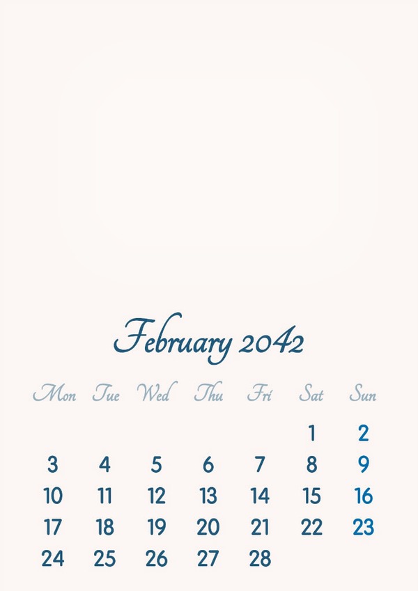 February 2042 // 2019 to 2046 // VIP Calendar // Basic Color // English Fotomontagem