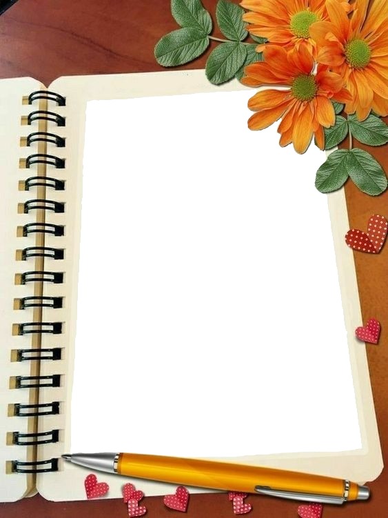 cuaderno, flores y lapicero. Photomontage