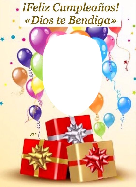 Feliz cumpleaños, regalos, globos, una foto. Fotomontage