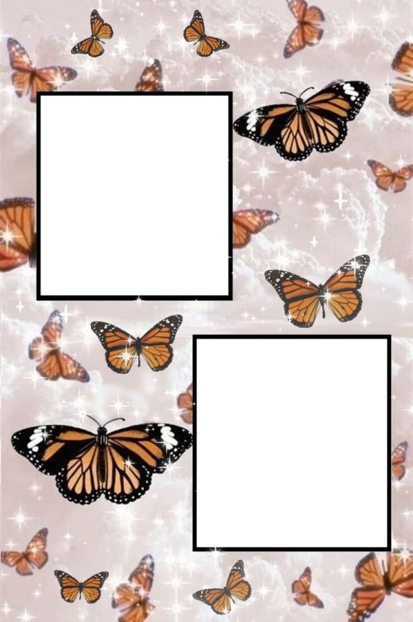 collage 2 fotos, fondo mariposas. Fotomontaggio