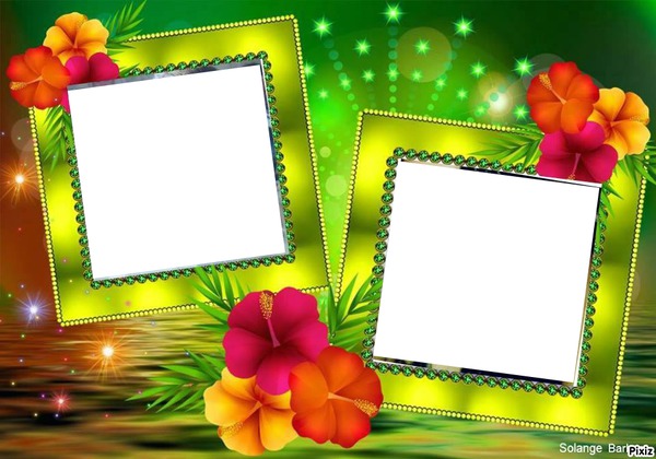 marco verde transparente 2 fotos y flores Фотомонтажа