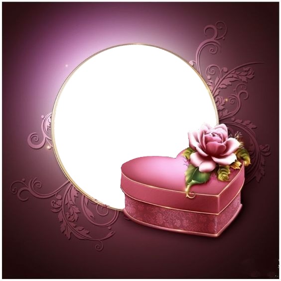 marco circular morado y cofre corazón rosado. Fotomontáž