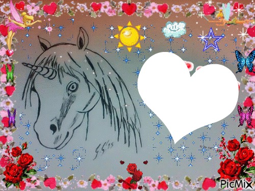 une licorne dessiné par Gino Gibilaro avec coeurs,soleil,roses,papillon ;;; Fotomontāža
