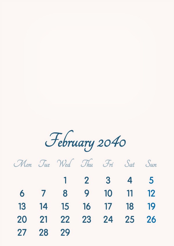 February 2040 // 2019 to 2046 // VIP Calendar // Basic Color // English Valokuvamontaasi