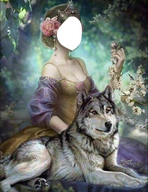 lobo gris y chica Fotomontasje