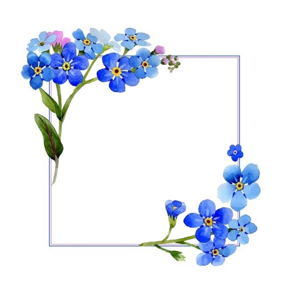 marco y flores azules. Fotomontaža
