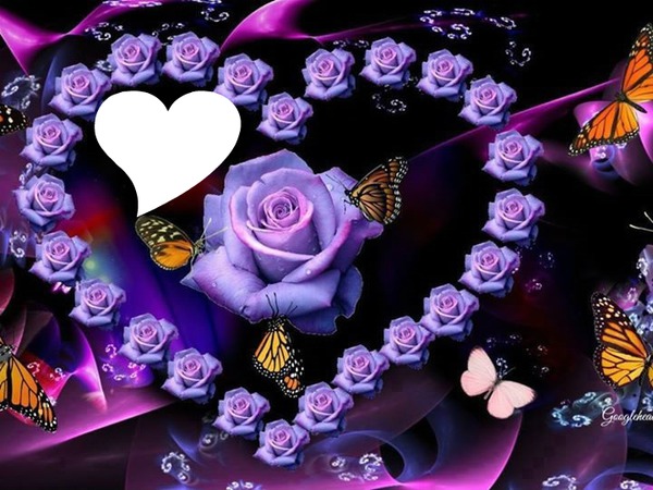 des roses violettes en forme de coeur avec des papillons 1 photo Valokuvamontaasi