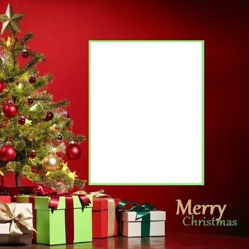 Merry Christmas, árbol, regalos. Fotomontagem